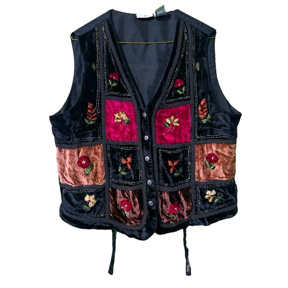 Vintage Y2K Velvet & Jacquard Embroidered Patchwork Vest New Age Witchy Floral - Picture 3 of 13
